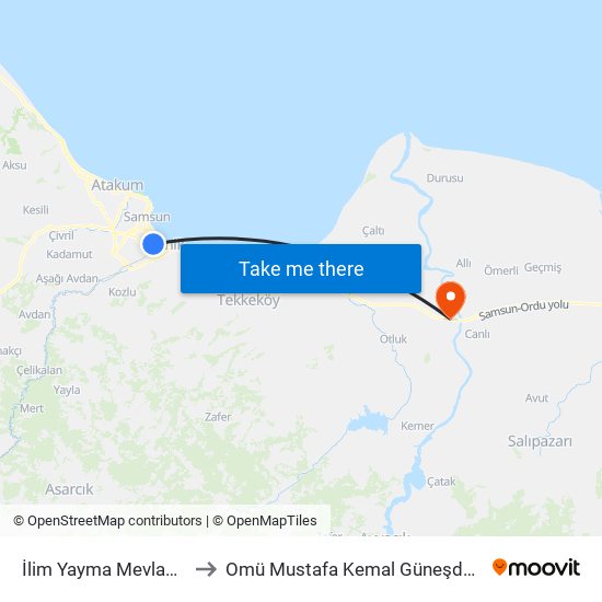 İlim Yayma Mevlana Caddesi to Omü Mustafa Kemal Güneşdoğdu Yerleşkesi map