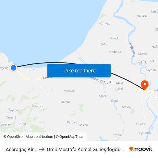 Asarağaç Kirazlık to Omü Mustafa Kemal Güneşdoğdu Yerleşkesi map