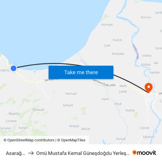 Asarağaç to Omü Mustafa Kemal Güneşdoğdu Yerleşkesi map