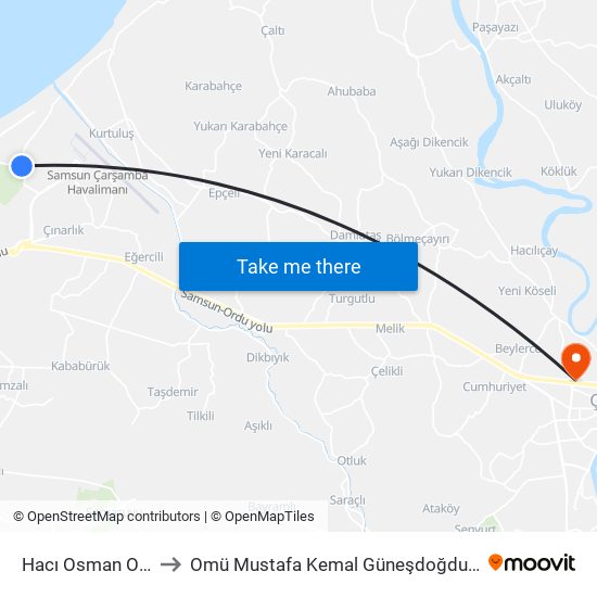 Hacı Osman Ormanı to Omü Mustafa Kemal Güneşdoğdu Yerleşkesi map