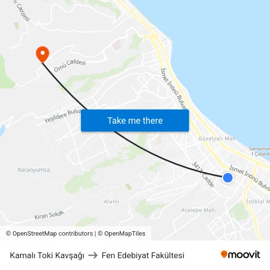 Kamalı Toki Kavşağı to Fen Edebiyat Fakültesi map