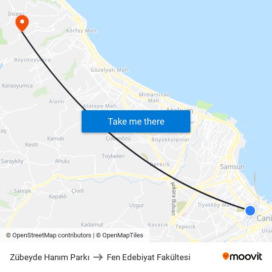 Zübeyde Hanım Parkı to Fen Edebiyat Fakültesi map