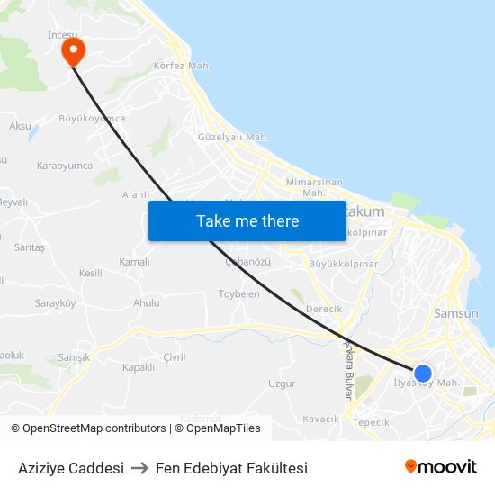 Aziziye Caddesi to Fen Edebiyat Fakültesi map