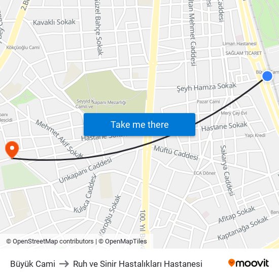 Büyük Cami to Ruh ve Sinir Hastalıkları Hastanesi map