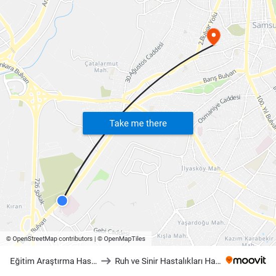 Eğitim Araştırma Hastanesi to Ruh ve Sinir Hastalıkları Hastanesi map