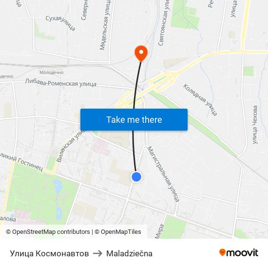 Улица Космонавтов to Maladziečna map