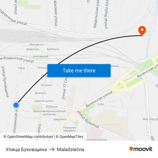 Улица Буховщина to Maladziečna map
