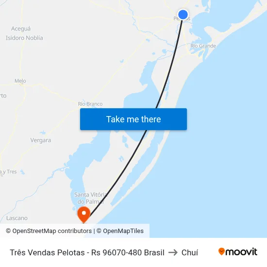 Três Vendas Pelotas - Rs 96070-480 Brasil to Chuí map