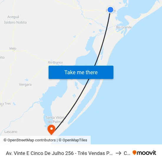 Av. Vinte E Cinco De Julho 256 - Três Vendas Pelotas - Rs 96065-620 Brasil to Chuí map