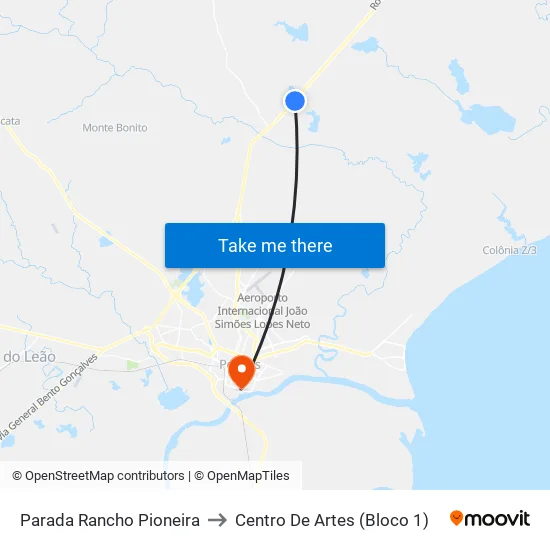 Parada Rancho Pioneira to Centro De Artes (Bloco 1) map