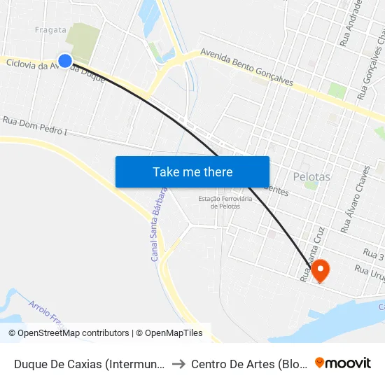 Duque De Caxias (Intermunicipal) to Centro De Artes (Bloco 1) map