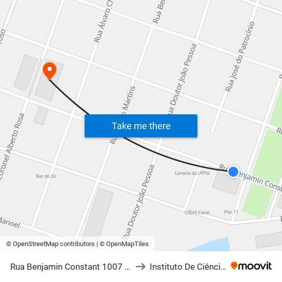 Rua Benjamin Constant 1007 Pelotas - Rio Grande Do Sul 96010 Brasil to Instituto De Ciências Humanas Da Ufpel - Ich map