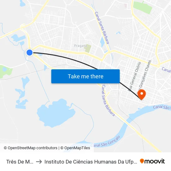 Três De Maio to Instituto De Ciências Humanas Da Ufpel - Ich map