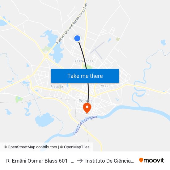 R. Ernâni Osmar Blass 601 - Tres Vendas Pelotas - Rs Brasil to Instituto De Ciências Humanas Da Ufpel - Ich map