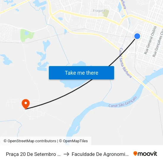 Praça 20 De Setembro 303 - Centro Pelotas - Rs Brasil to Faculdade De Agronomia Eliseu Maciel - Faem - Prédio 02 map
