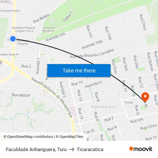 Faculdade Anhanguera, Turu to Ticaracatica map