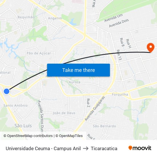 Universidade Ceuma - Campus Anil to Ticaracatica map