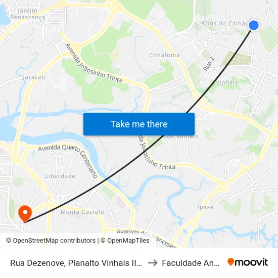 Rua Dezenove, Planalto Vinhais II (Sentido Centro) to Faculdade Anhanguera map