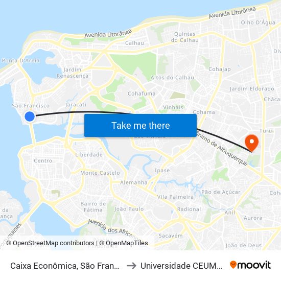 Caixa Econômica, São Francisco (Sentido Centro) to Universidade  CEUMA - Campus TURU map