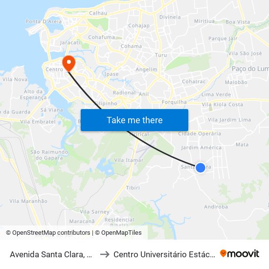 Avenida Santa Clara, 20 to Centro Universitário Estácio map