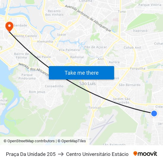 Praça Da Unidade 205 to Centro Universitário Estácio map