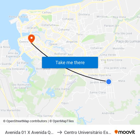 Avenida 01 X Avenida Quatro to Centro Universitário Estácio map