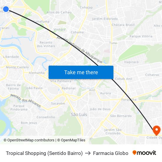 Tropical Shopping (Sentido Bairro) to Farmacia Globo map