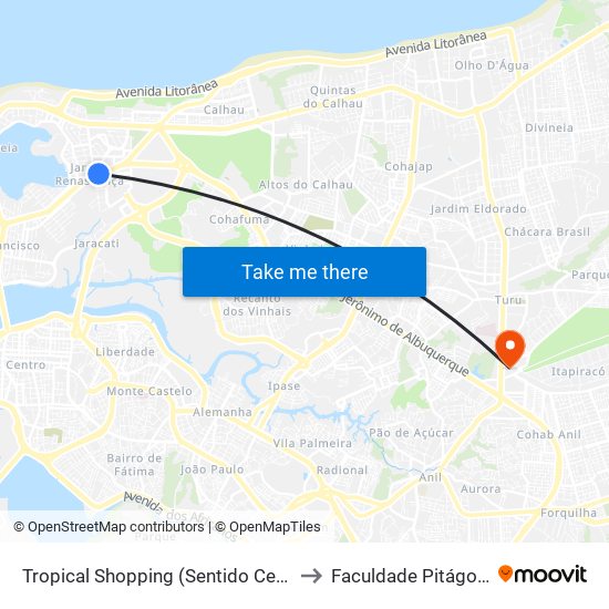 Tropical Shopping (Sentido Centro) to Faculdade Pitágoras map