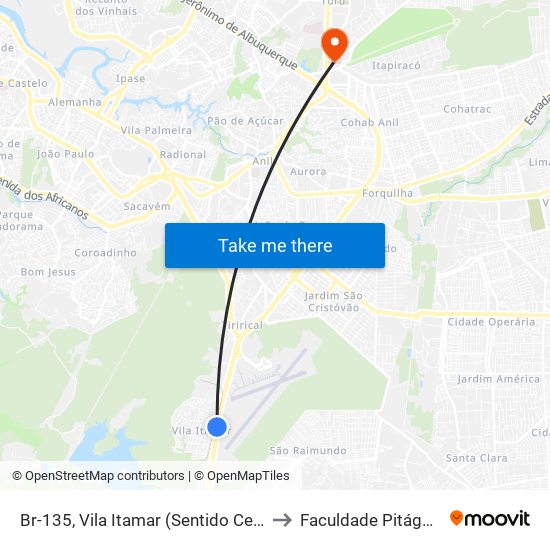 Br-135, Vila Itamar (Sentido Centro) to Faculdade Pitágoras map