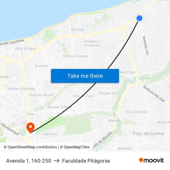 Avenida 1, 160-250 to Faculdade Pitágoras map