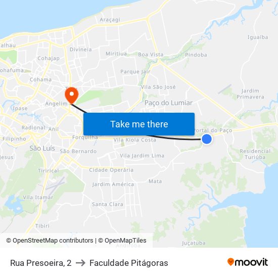Rua Presoeira, 2 to Faculdade Pitágoras map