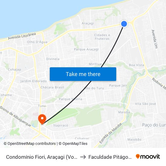 Condomínio Fiori, Araçagi (Volta) to Faculdade Pitágoras map