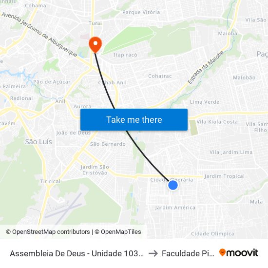 Assembleia De Deus - Unidade 103, Cidade Operária to Faculdade Pitágoras map