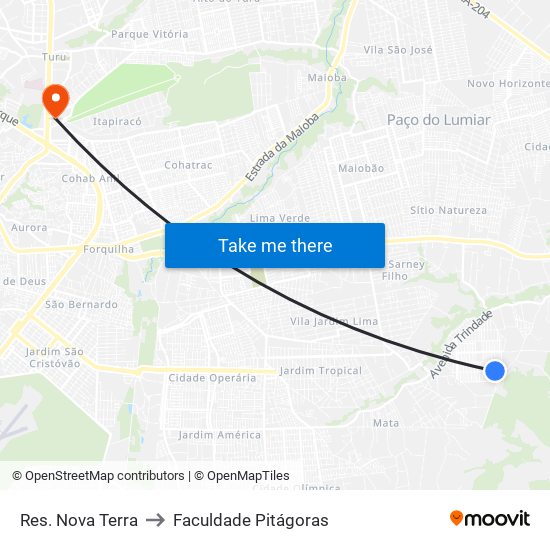 Res. Nova Terra to Faculdade Pitágoras map