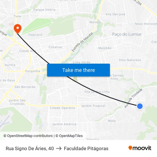 Rua Signo De Áries, 40 to Faculdade Pitágoras map
