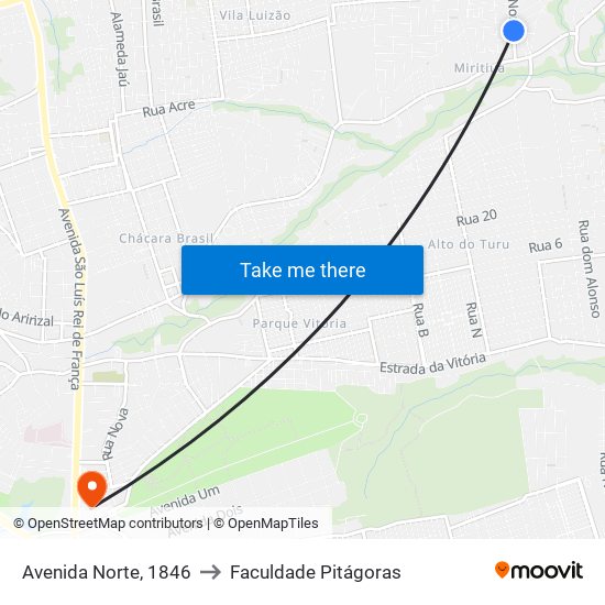 Avenida Norte, 1846 to Faculdade Pitágoras map