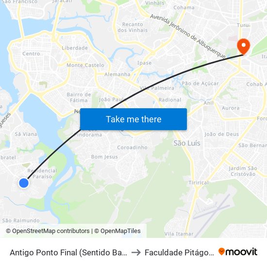 Antigo Ponto Final (Sentido Bairro) to Faculdade Pitágoras map