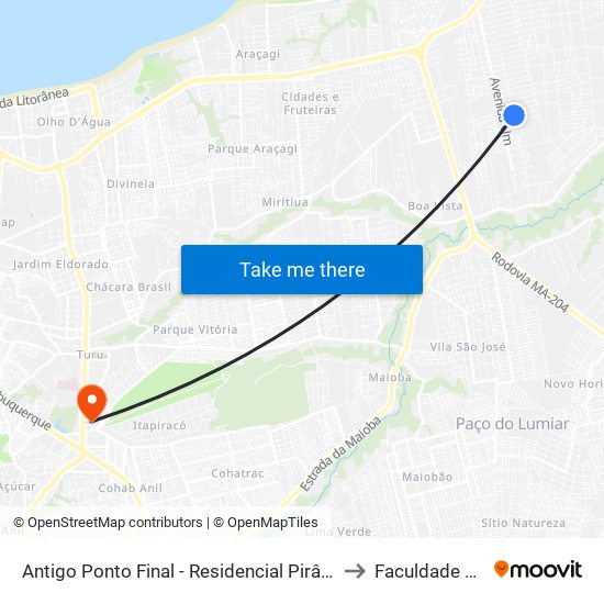 Antigo Ponto Final - Residencial Pirâmide (Sentido Centro) to Faculdade Pitágoras map