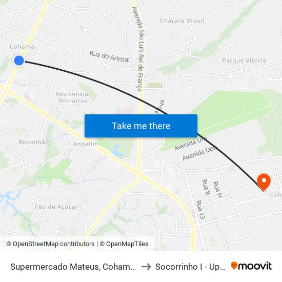 Supermercado Mateus, Cohama (Sentido Centro) to Socorrinho I - Upa Cohatrac map