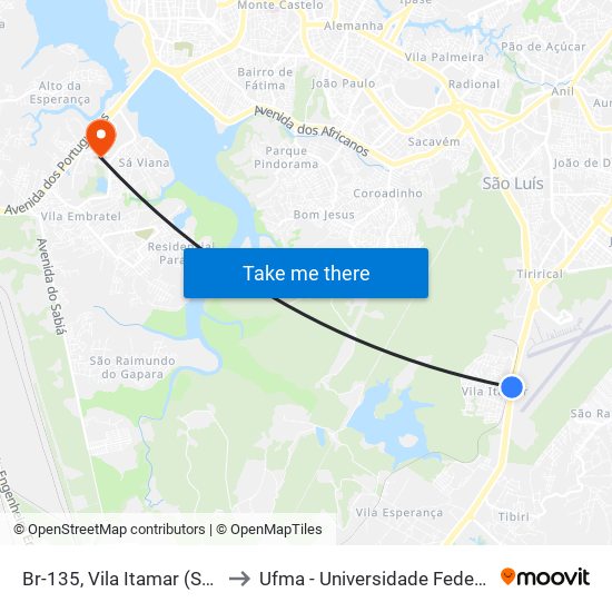 Br-135, Vila Itamar (Sentido Centro) to Ufma - Universidade Federal Do Maranhão map
