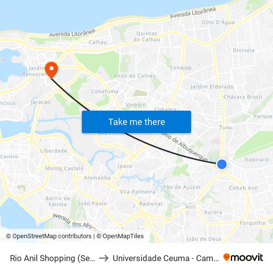Rio Anil Shopping (Sentido Centro) to Universidade Ceuma - Campus Renascença map