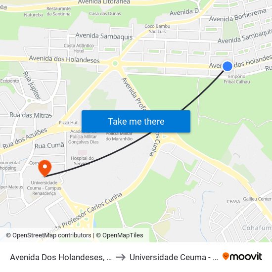 Avenida Dos Holandeses, Calhau (Sentido Centro) to Universidade Ceuma - Campus Renascença map