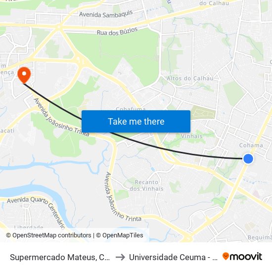 Supermercado Mateus, Cohama (Sentido Centro) to Universidade Ceuma - Campus Renascença map