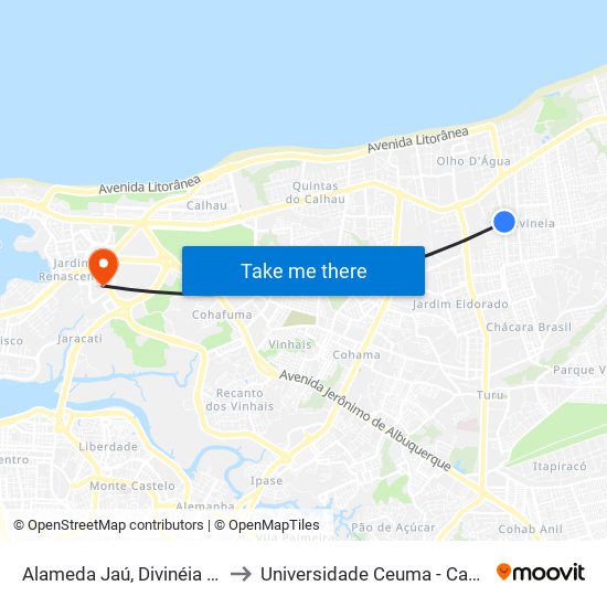 Alameda Jaú, Divinéia (Sentido Bairro) to Universidade Ceuma - Campus Renascença map