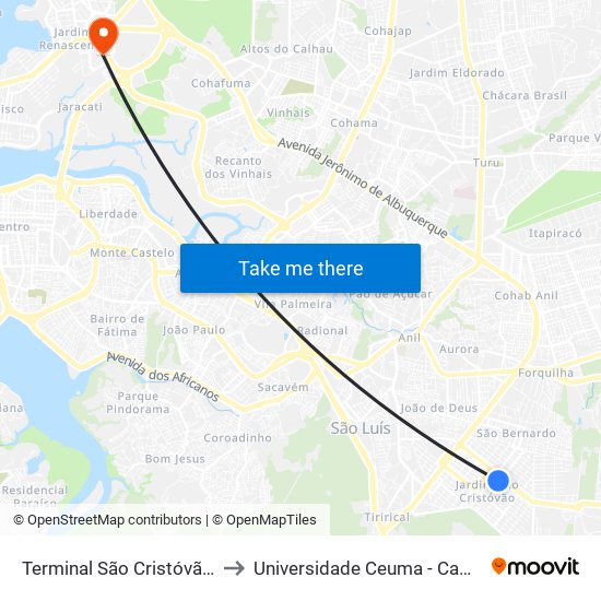 Terminal São Cristóvão (Ponto Final) to Universidade Ceuma - Campus Renascença map