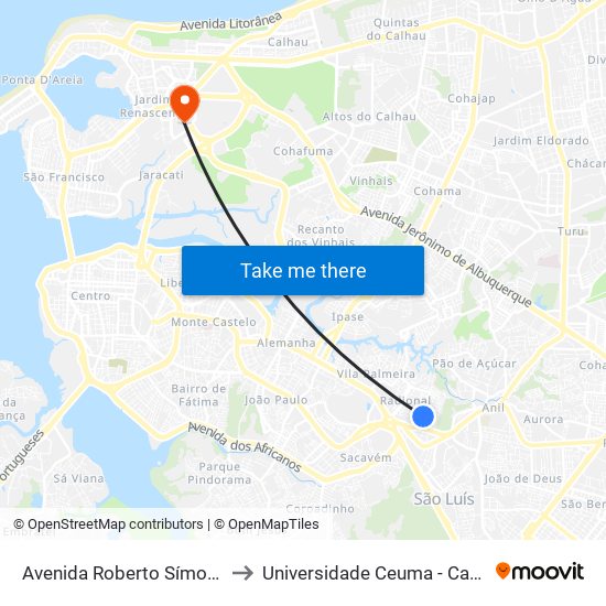 Avenida Roberto Símonsen, Santa Cruz to Universidade Ceuma - Campus Renascença map