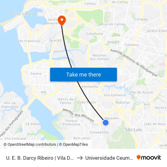 U. E. B. Darcy Ribeiro | Vila Do Governador (Sentido Coroado) to Universidade Ceuma - Campus Renascença map