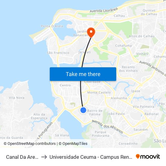Canal Da Areinha to Universidade Ceuma - Campus Renascença map