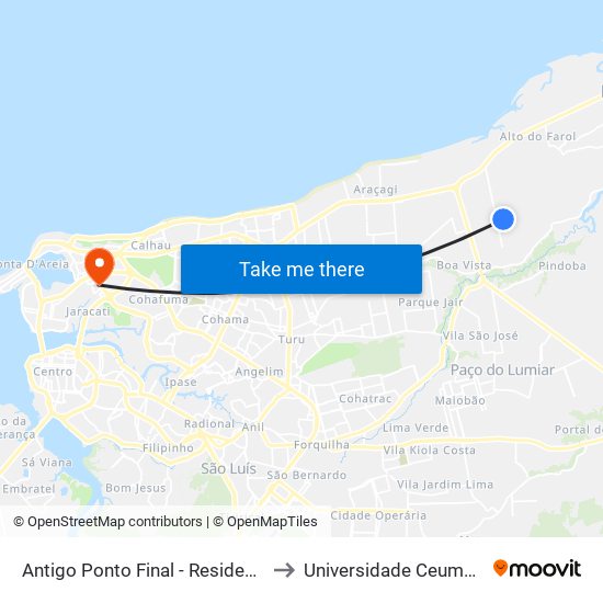 Antigo Ponto Final - Residencial Pirâmide (Sentido Centro) to Universidade Ceuma - Campus Renascença map