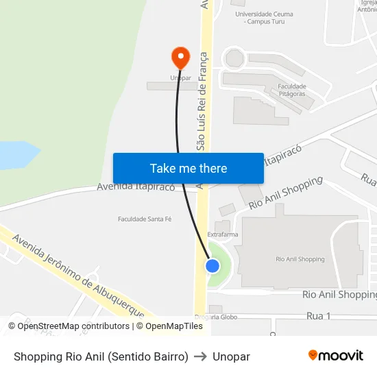 Shopping Rio Anil (Sentido Bairro) to Unopar map